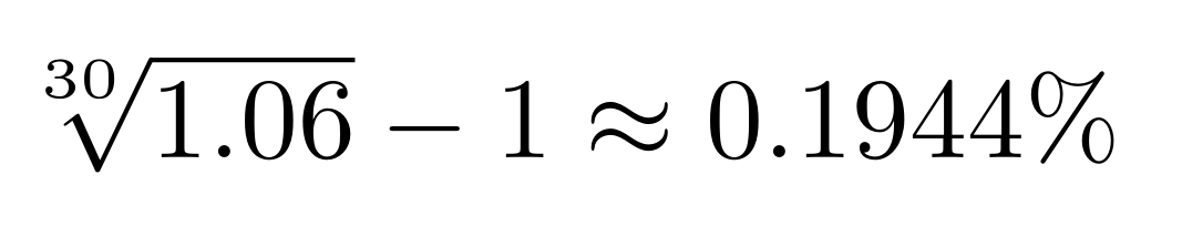 LaTeX syntax: \sqrt[30]{1.06} - 1 \approx 0.1944\%